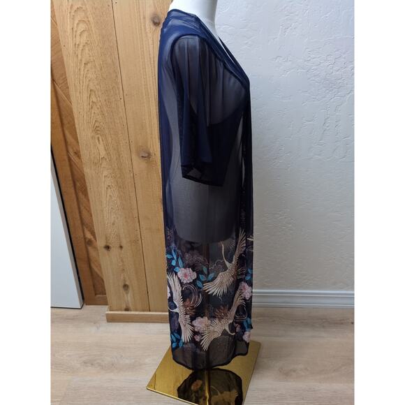 Haute Project Women’s Cover Up Maxi Blue Mesh Japanese Cranes Short Sleeve Small - Picture 7 of 8